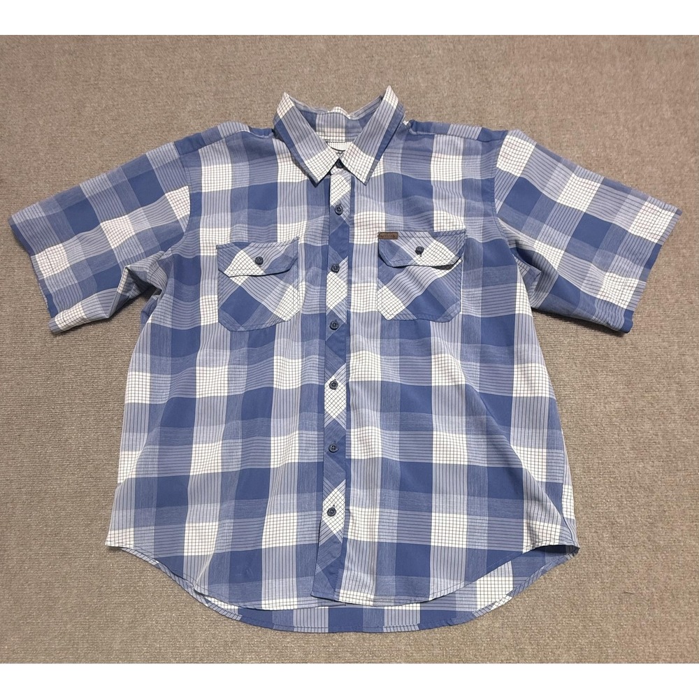 Orvis Shirt Mens Extra Large Blue Plaid Short Sleeve Button Up Polyester Pocket